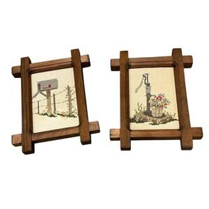 Vintage Framed Cross-stitch Needlepoint MCM Country Farmhouse Mailbox Set of 2